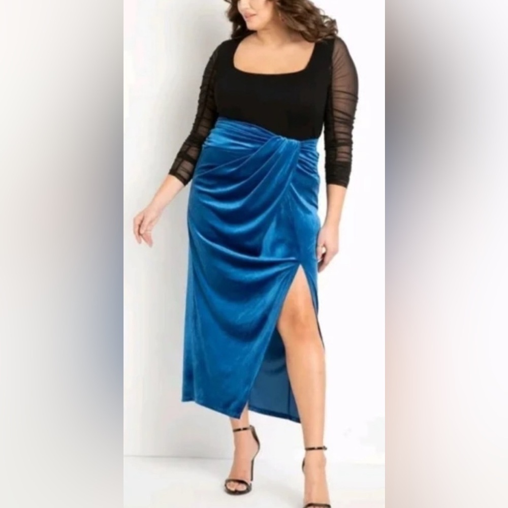 NWT Eloquii Cobalt Blue Velvet Evening Maxi Skirt Ruched Waist Side Slit Sz 16